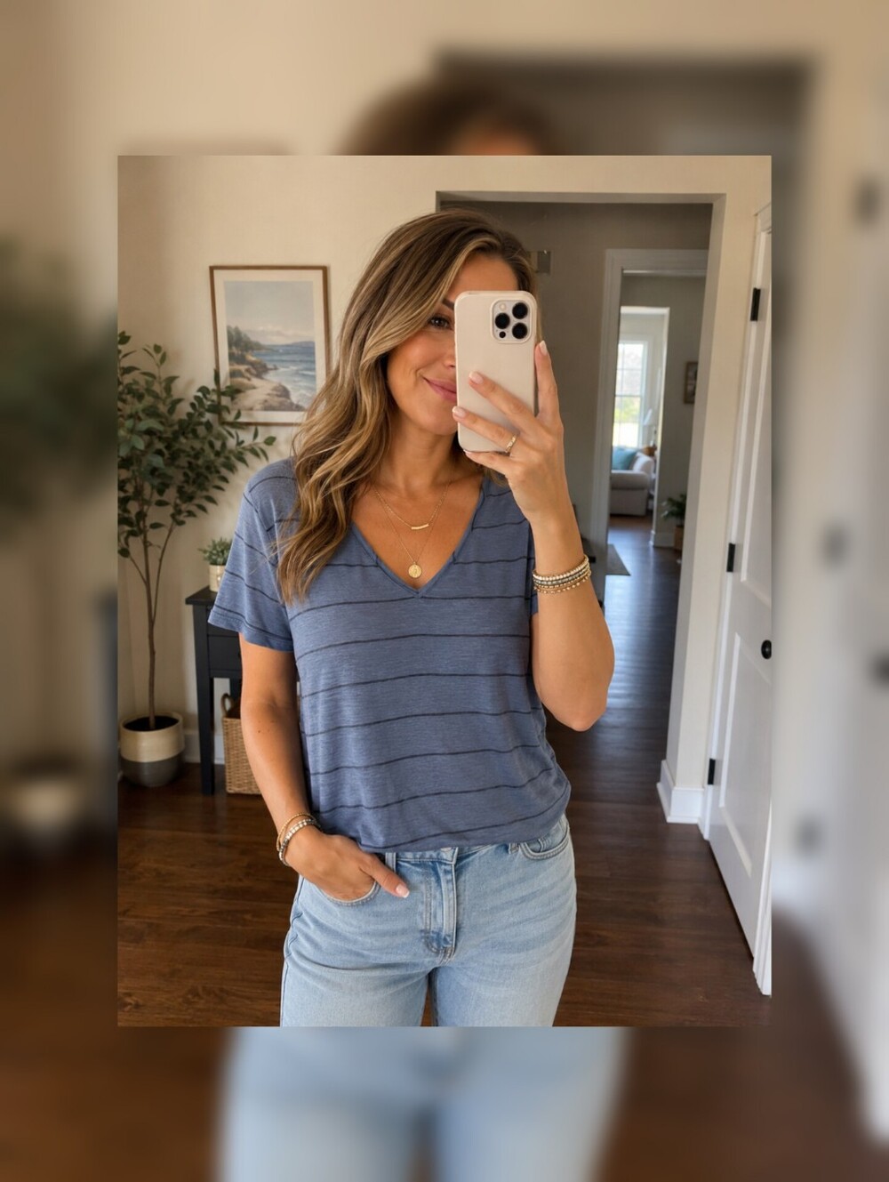 Madewell Blue Striped Viscose V Neck Shirt S
